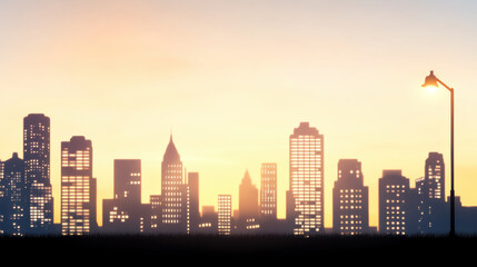 Fototapeta premium Silhouetted skyline ambient glow sunset cityscape high rise building urban streetlight evening tranquil architecture. peaceful city skyline is illuminated by warm sunset glow creating tranquil