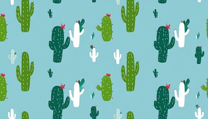 Seamless cacti pattern on pastel turquoise, whimsical design with spiky charm featuring a playful