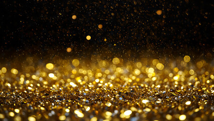 Obraz premium Golden glitter sparkles on dark background abstract