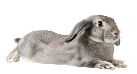 Cute grey lopeared rabbit is lying down against a black studio background