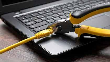 Laptop Ethernet Cable Cut with Pliers on Desk