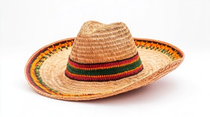 A wide-brimmed straw sombrero with colorful bands, rests on a plain white background.