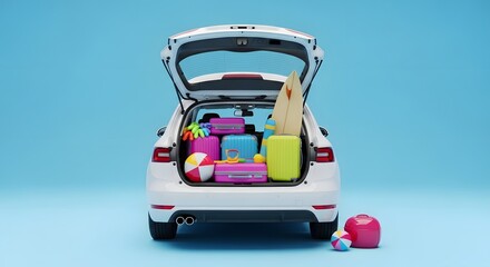 A white car with its trunk open, packed with luggage and beach equipment, ready for a summer vacation.