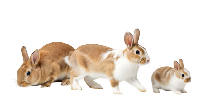 Three adorable rabbits posing together in a studio shot
