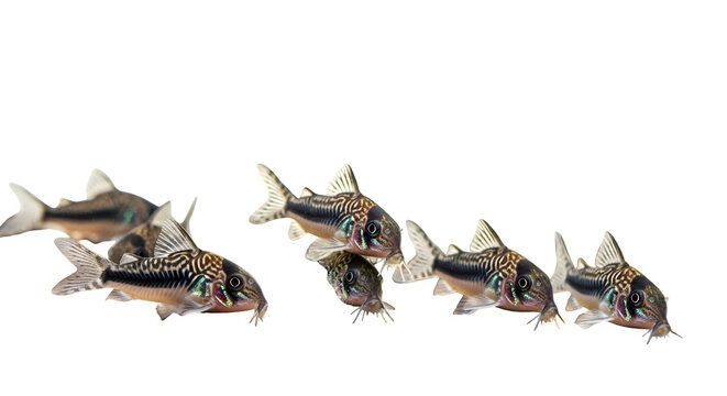 Group of corydoras catfish swimming together in an aquarium