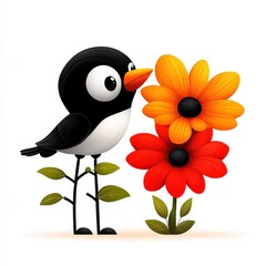 Naklejka premium Playful bird among vibrant flowers nature scene graphic art whimsical environment close-up view artistic concept