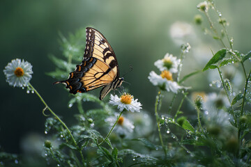Obraz premium A butterfly with brightly colored wings perches on a white flower