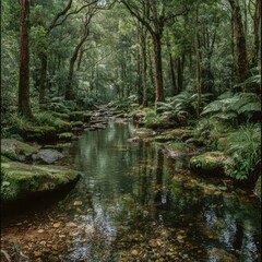 Tranquil stream meanders through lush, mossy forest