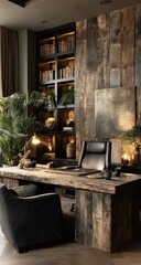 Rustic study with wooden desk, leather chair, and built-in shelving