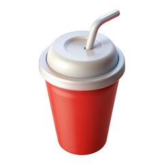 3d red soda cup with white lid and straw isolated on transparent background