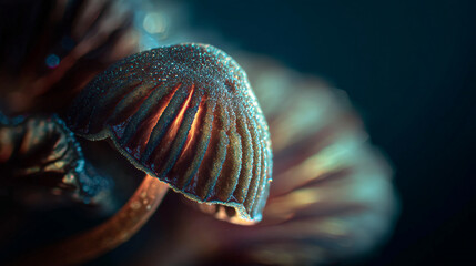 A close up of a mushroom with gills illuminated by a warm light against a dark background