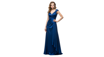 Elegant woman in a blue gown poses gracefully against a stark