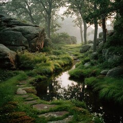 Serene stream meanders through lush, mossy landscape, flanked by rocks and trees in soft, diffused light