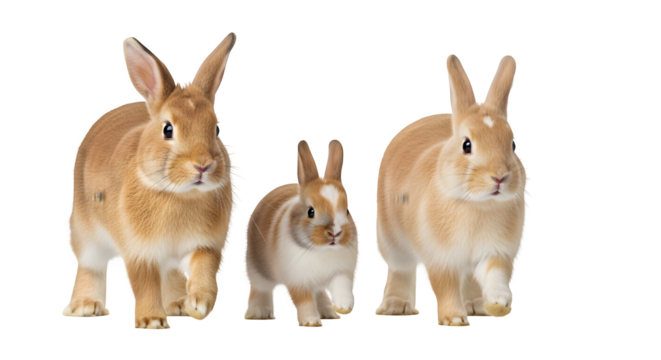 Three adorable rabbits walking together on a transparent background easter theme