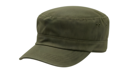 Olive green military style cap with a flat top and short brim