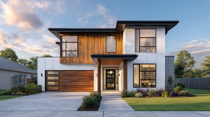 Modern two-story house with garage and landscaping