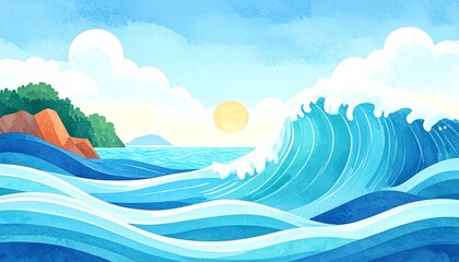 波と太陽の水彩画