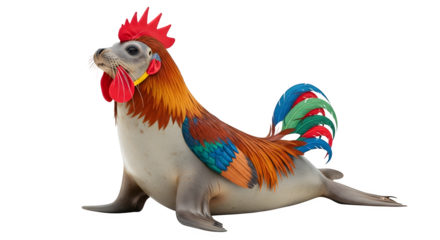 Bizarre creature with a seal's body and a rooster's head and tail on black
