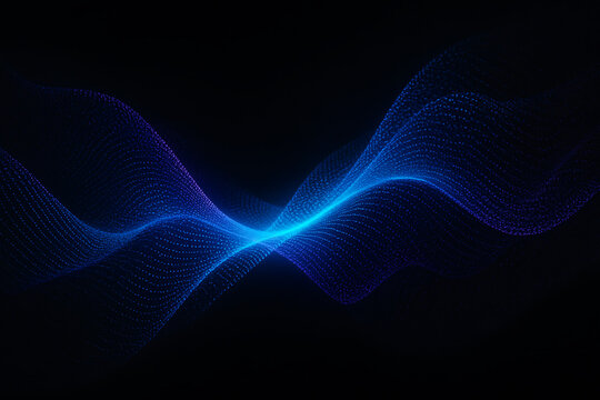 A flowing digital wave of blue and purple particles on a dark background, symbolizing data transfer and technological connectivity