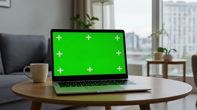 Laptop computer with green screen on table against city view