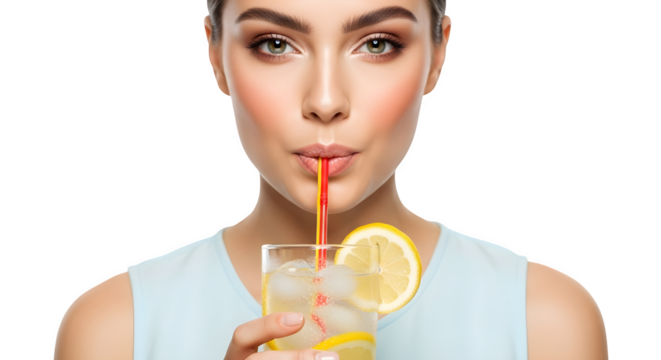 Woman enjoying refreshing lemonade with a straw against a studio - Powered by Adobe