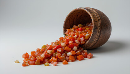 Colorful Diced Vegetables Spilling from Wooden Bowl on White Background