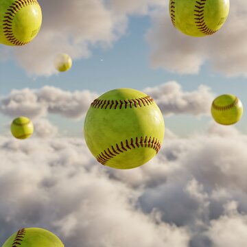  softballs appear to be floating among soft clouds or misty, dreamlike elements, with a gentle, diffused light source, creating a sense of calm and wonder.
