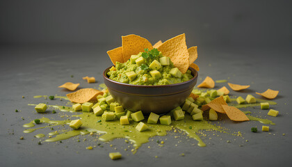 Bowl of Fresh Guacamole with Tortilla Chips and Diced Avocado