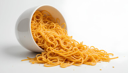 Spilled Bowl of Cooked Spaghetti on a White Background
