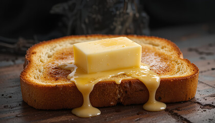 Golden Toast with Melting Butter and Honey Drizzle on Rustic Wooden Table