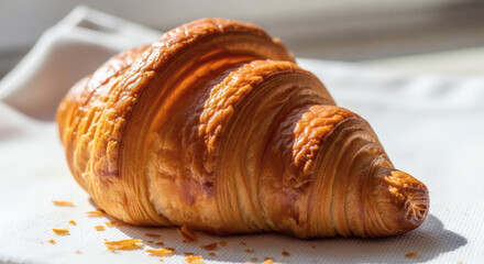 Close up of a golden brown croissant with flaky layers on a white surface in bright lighting