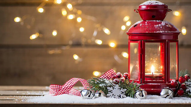 Red lantern and Christmas decorations on wood table - Powered by Adobe