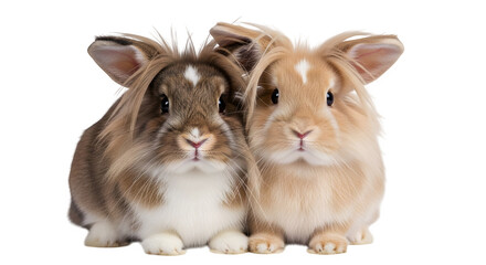 Fototapeta premium Two adorable lionhead bunnies sitting side by side looking at the camera closely