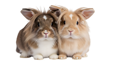 Two adorable lionhead bunnies sitting side by side looking at the camera closely