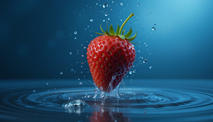 Fresh Strawberry Splashing Into Clear Water on a Blue Background