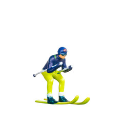 Miniature skier figure standing alone on white background with clean clipping path