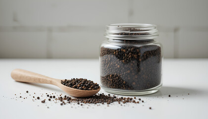 Glass Jar With Black Peppercorns and Wooden Spoon on a White Surface