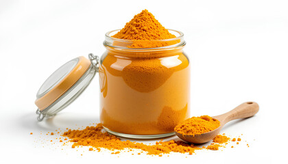 Glass Jar of Vibrant Turmeric Powder with Wooden Spoon on Clean White Background