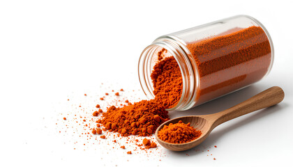 Jar of Red Spice Powder with Wooden Spoon on White Background