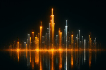 Cyberpunk cityscape, futuristic cityscape with glowing vertical light bars on a black background, abstract metropolis, digital city, or financial concept