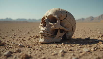 Skeleton Skull Resting on Desert Ground with Mountains in the Background