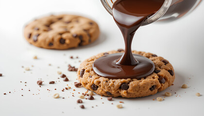 Chocolate Sauce Pouring Onto a Freshly Baked Chocolate Chip Cookie