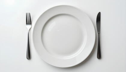 Minimalist Flat Lay of Plate, Knife, and Fork on White Background