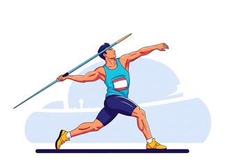 Obraz premium Dynamic male athlete launching a javelin with powerful form, vector illustration of a track and field sports competition