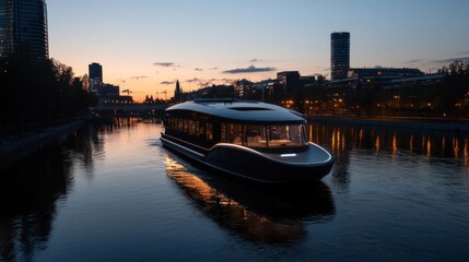 Modern river cruise ship sails through urban waterway as twilight illuminates cityscape