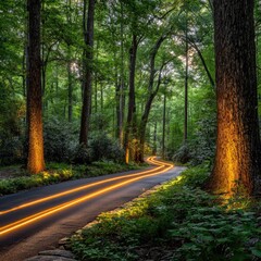Fototapeta premium Winding road through a lush green forest at twilight, illuminated by long-exposure light trails