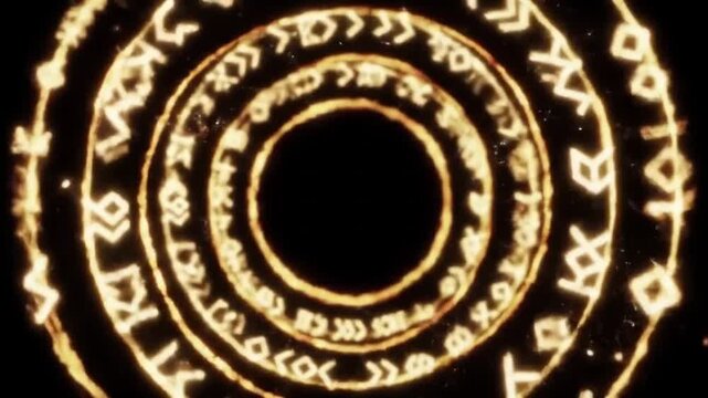 Luminous golden rings forming a mystical portal with glowing runes and magical energy on a dark background for fantasy concepts