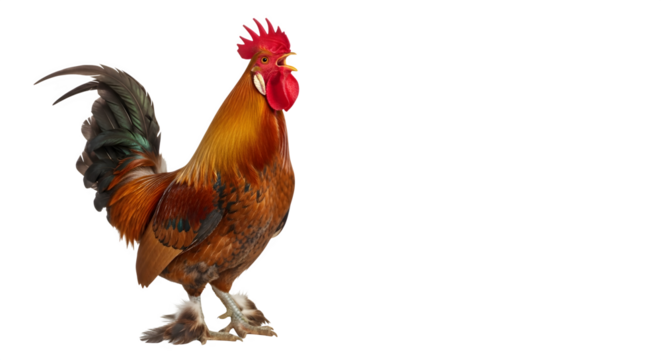 Majestic rooster crowing loudly with vibrant plumage against a
