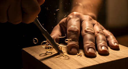 The skilled artisan's hands expertly carve intricate details into the rich, warm wood, showcasing years of dedication and precision craftsmanship.