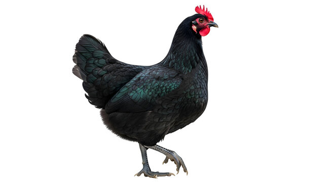 Elegant black australorp chicken walking gracefully on a black studio background